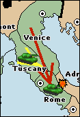 A yellow support-move lets the army in Venice overpower the army holding in Rome