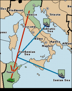 An army in Venice moves to Tunis, convoyed by the fleets in Adriatic Sea and Ionian Sea
